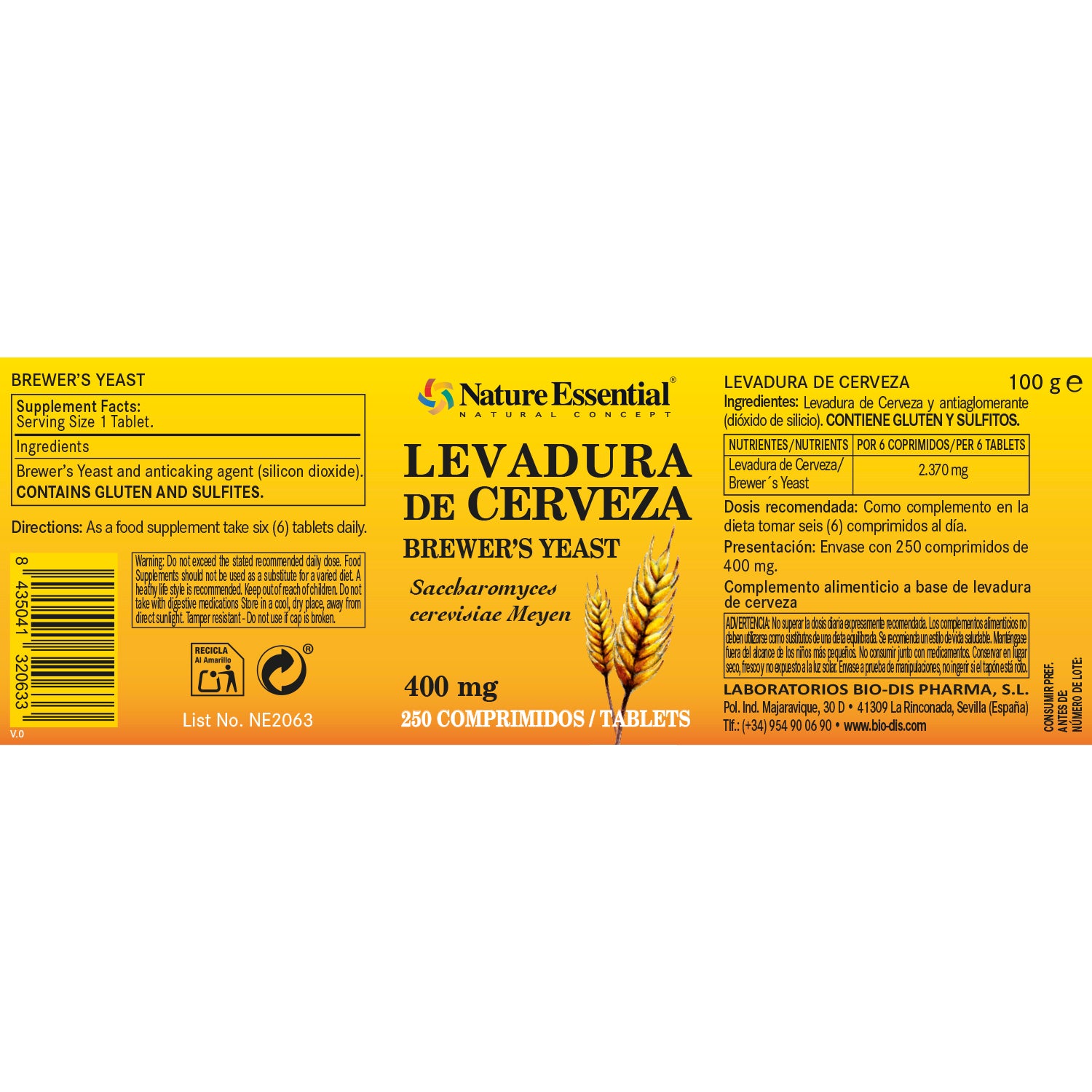 Levadura de cerveza 400 mg. 250 comprimidos