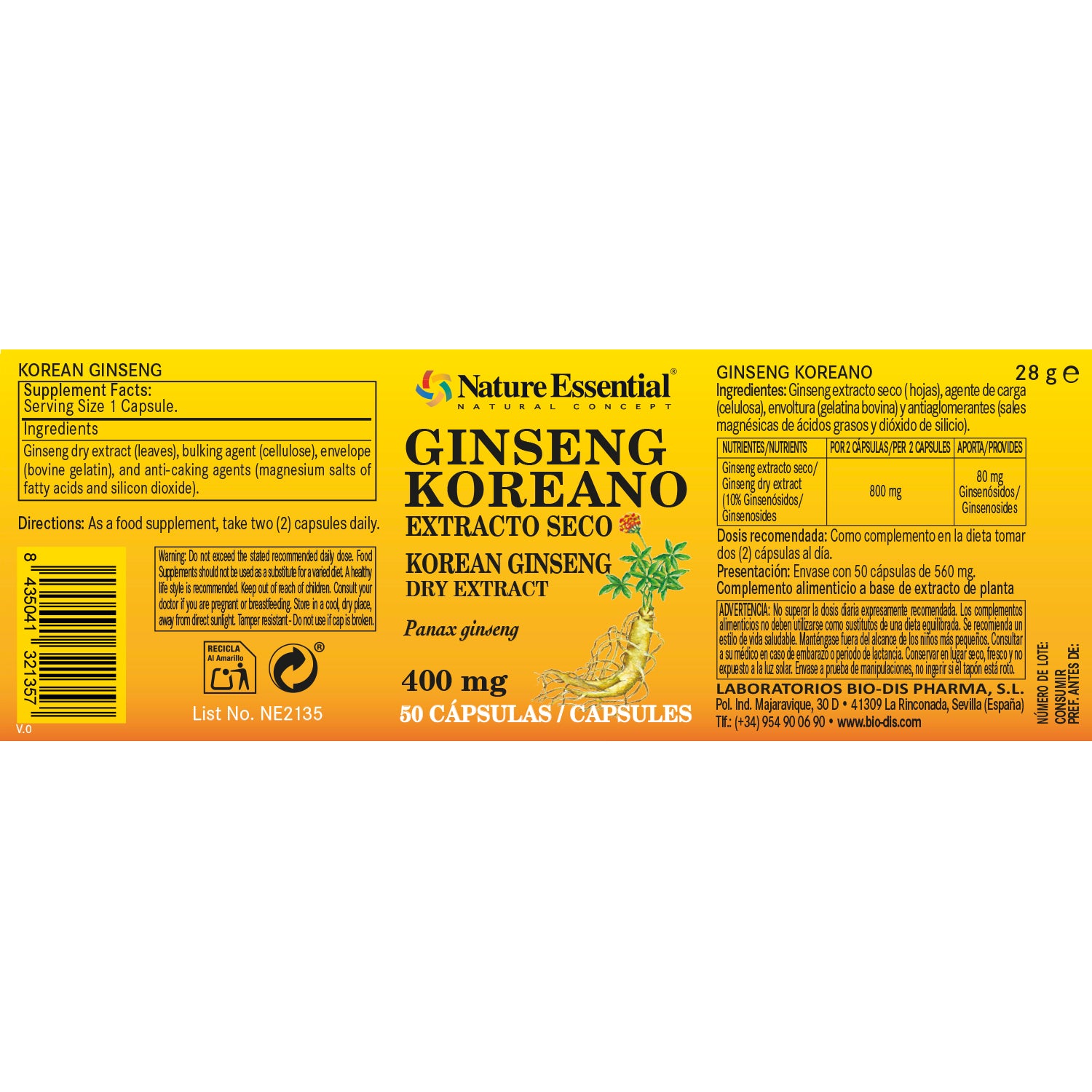 Ginseng koreano 400 mg. 50 capsulas