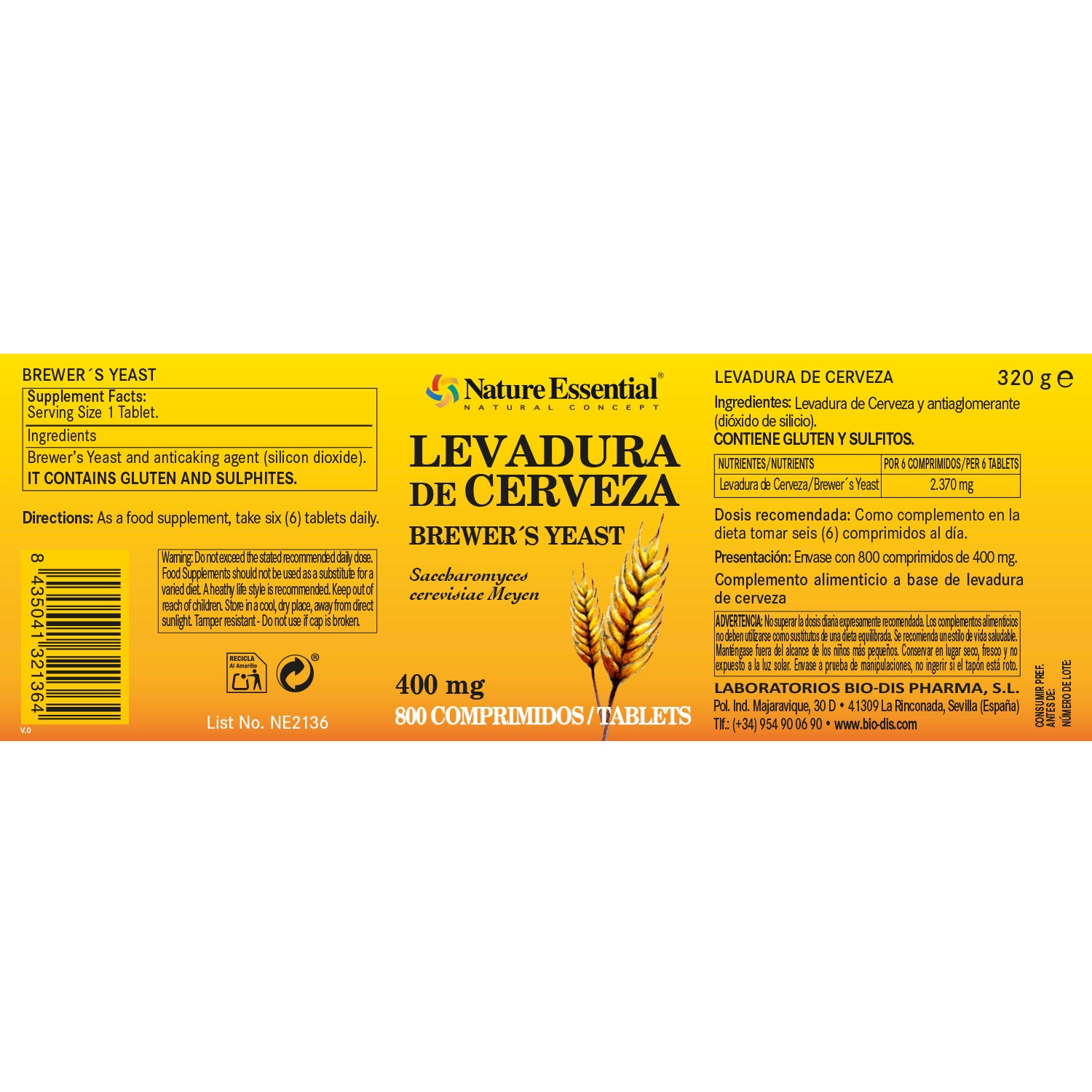 Levadura de cerveza 400 mg. 800 comprimidos