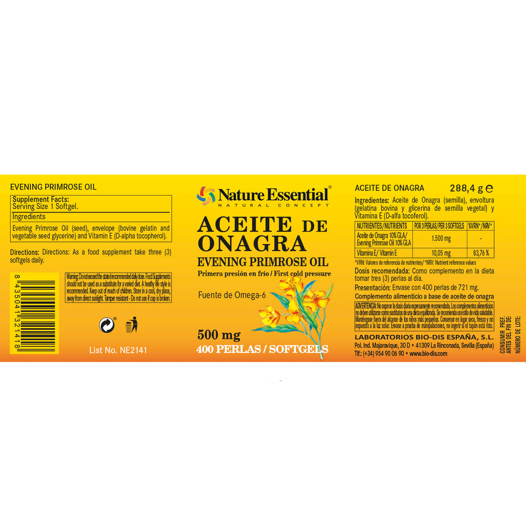 Aceite de onagra 500 mg. 400 perlas