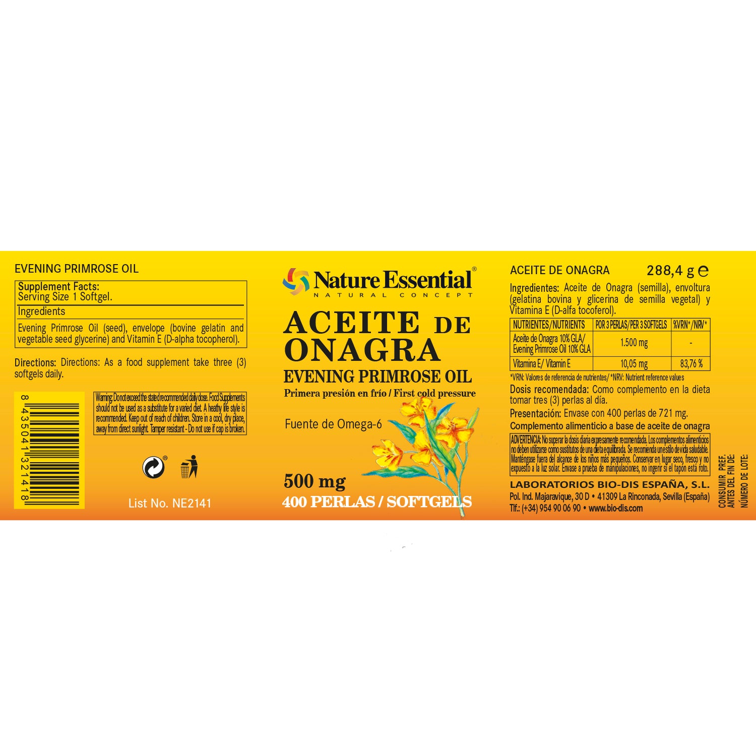 Aceite de onagra 500 mg. 400 perlas