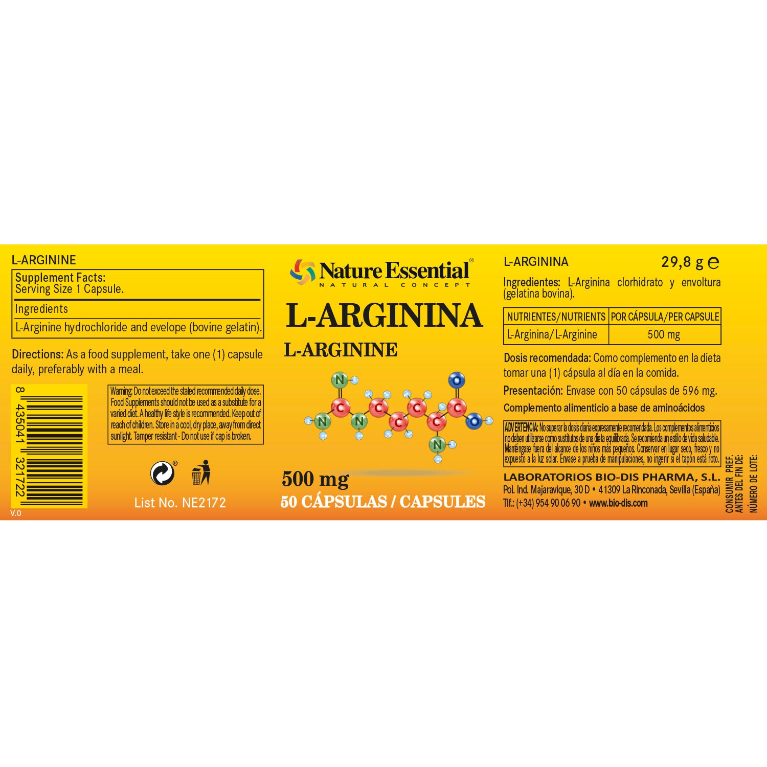 L-arginina 500 mg. 50 cápsulas