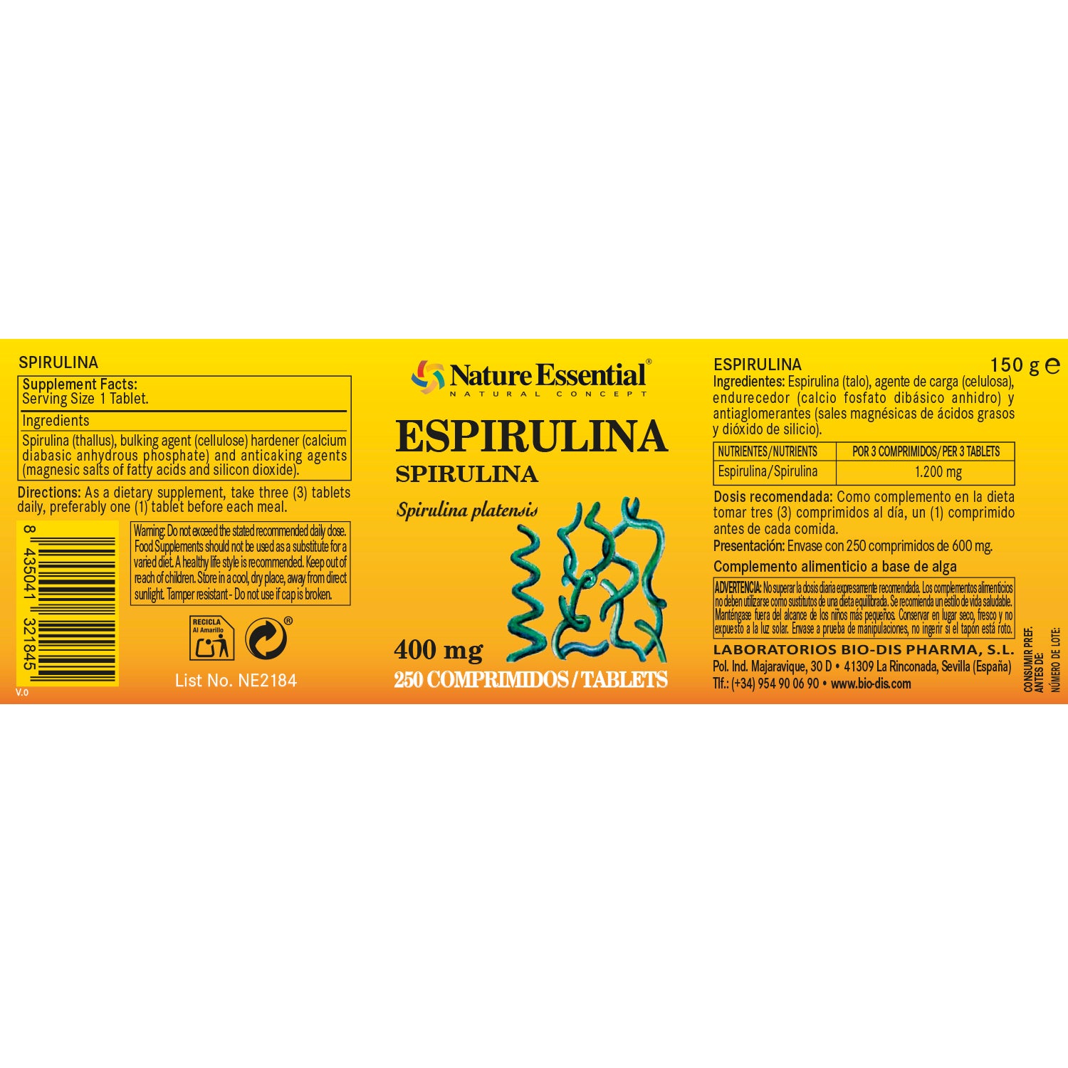 Espirulina 400 mg. 250 comprimidos
