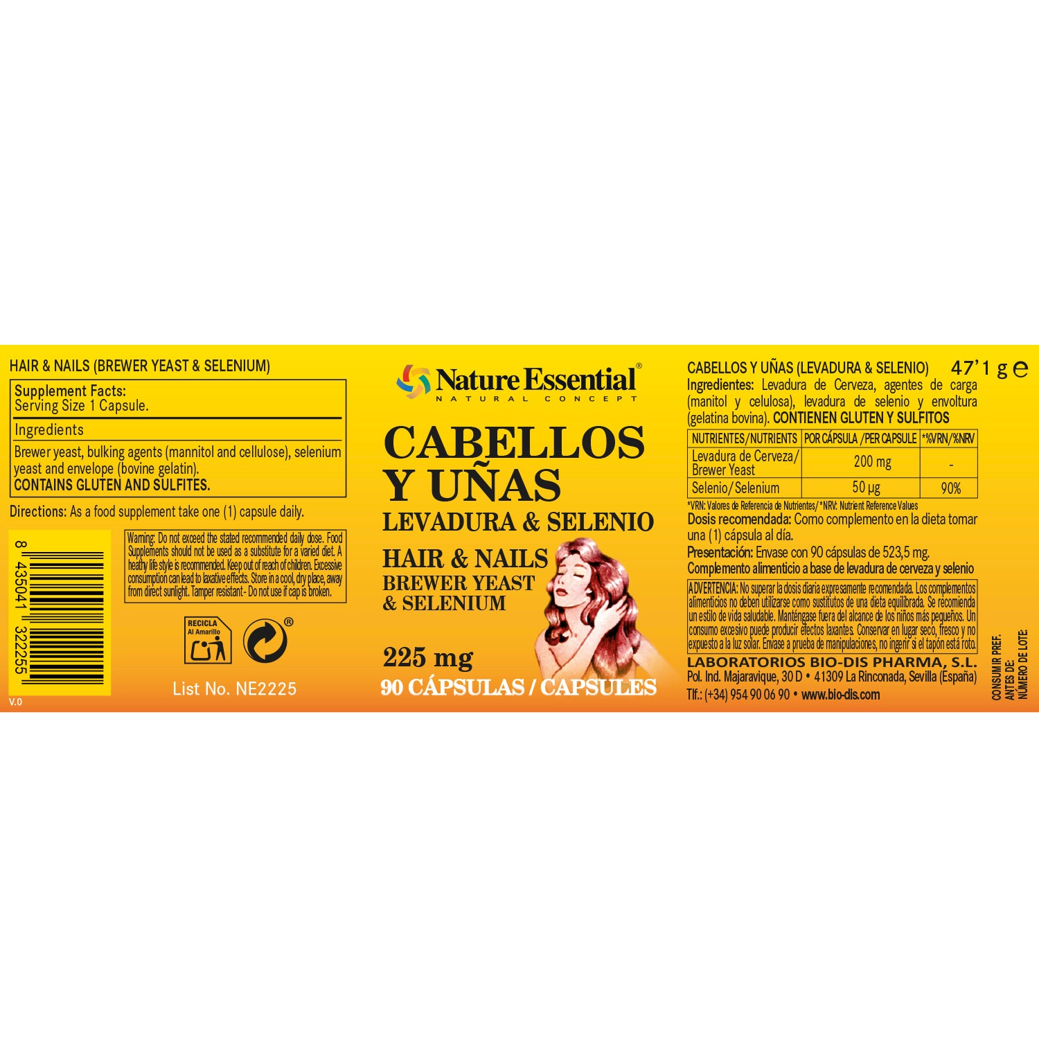 Cabellos y uñas 225 mg. (Levadura + selenio) 90 cápsulas