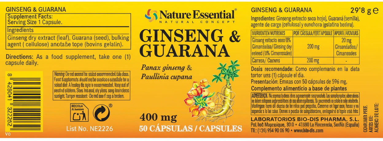 Ginseng y Guaraná 400mg - Energía Natural y Concentración | 50 Cápsulas