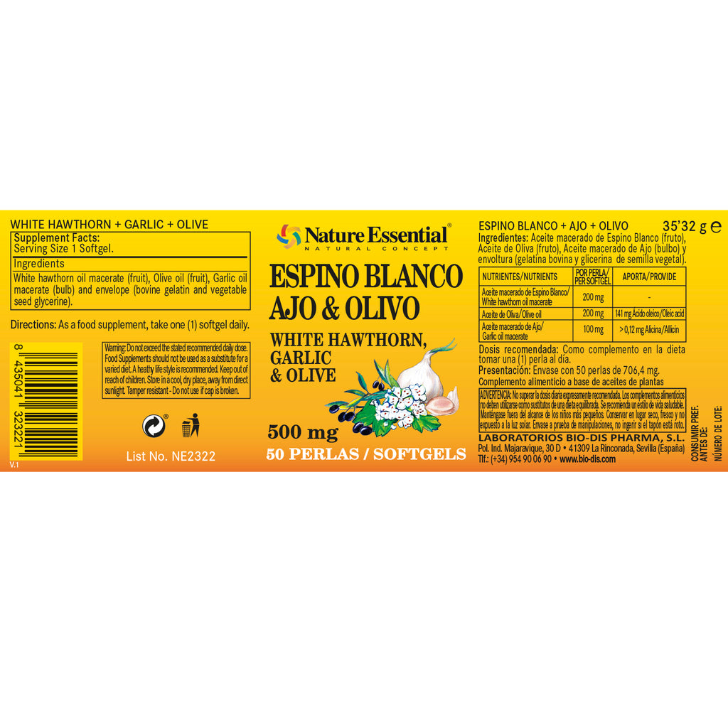 Espino blanco + ajo + olivo 500 mg. 50 perlas