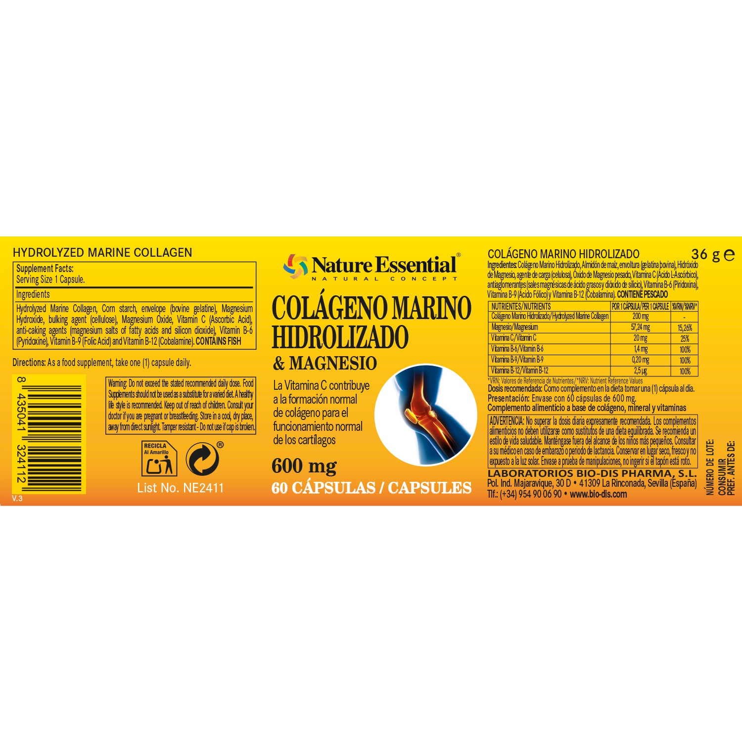 Colágeno marino + magnesio 600 mg. 60 cápsulas