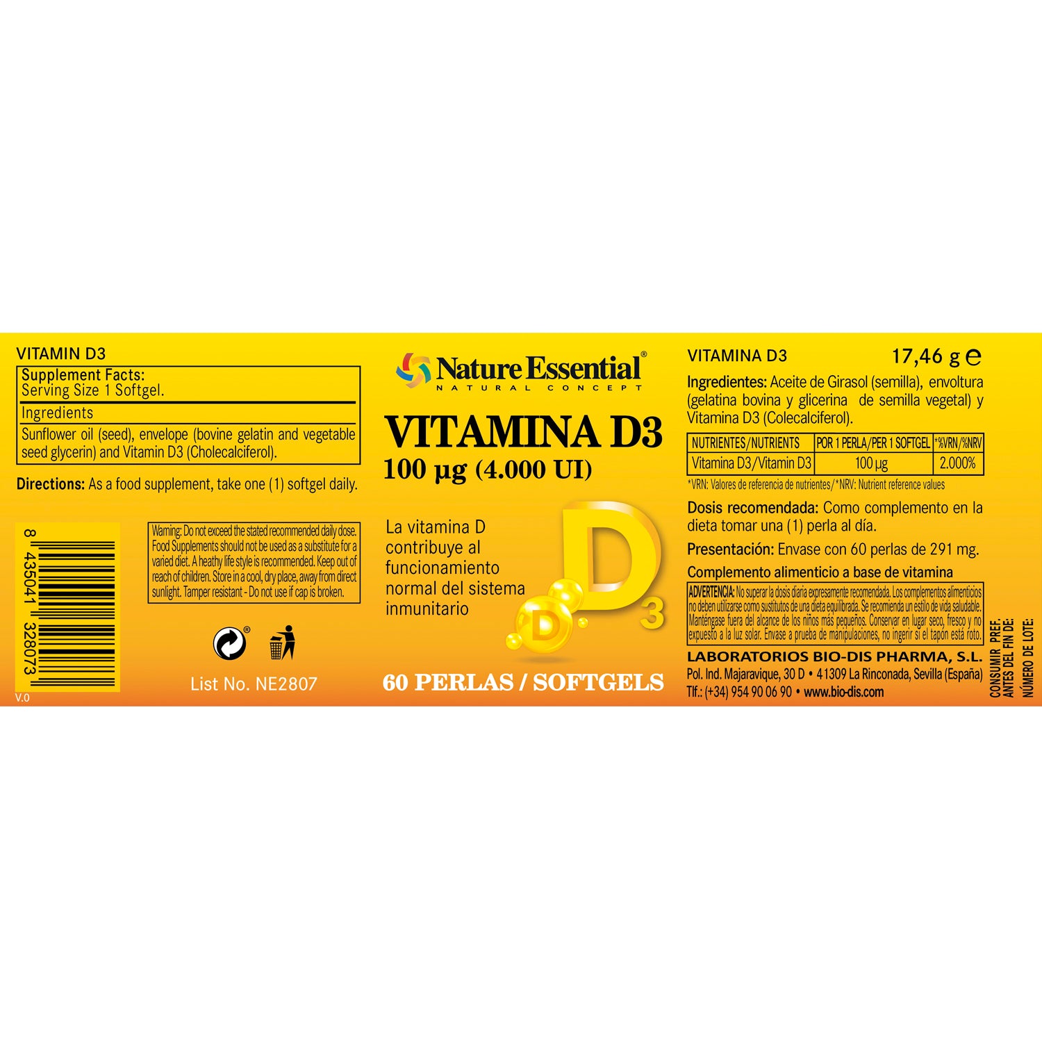 Vitamina D3 100 mcg. (4000 U.I) 60 perlas