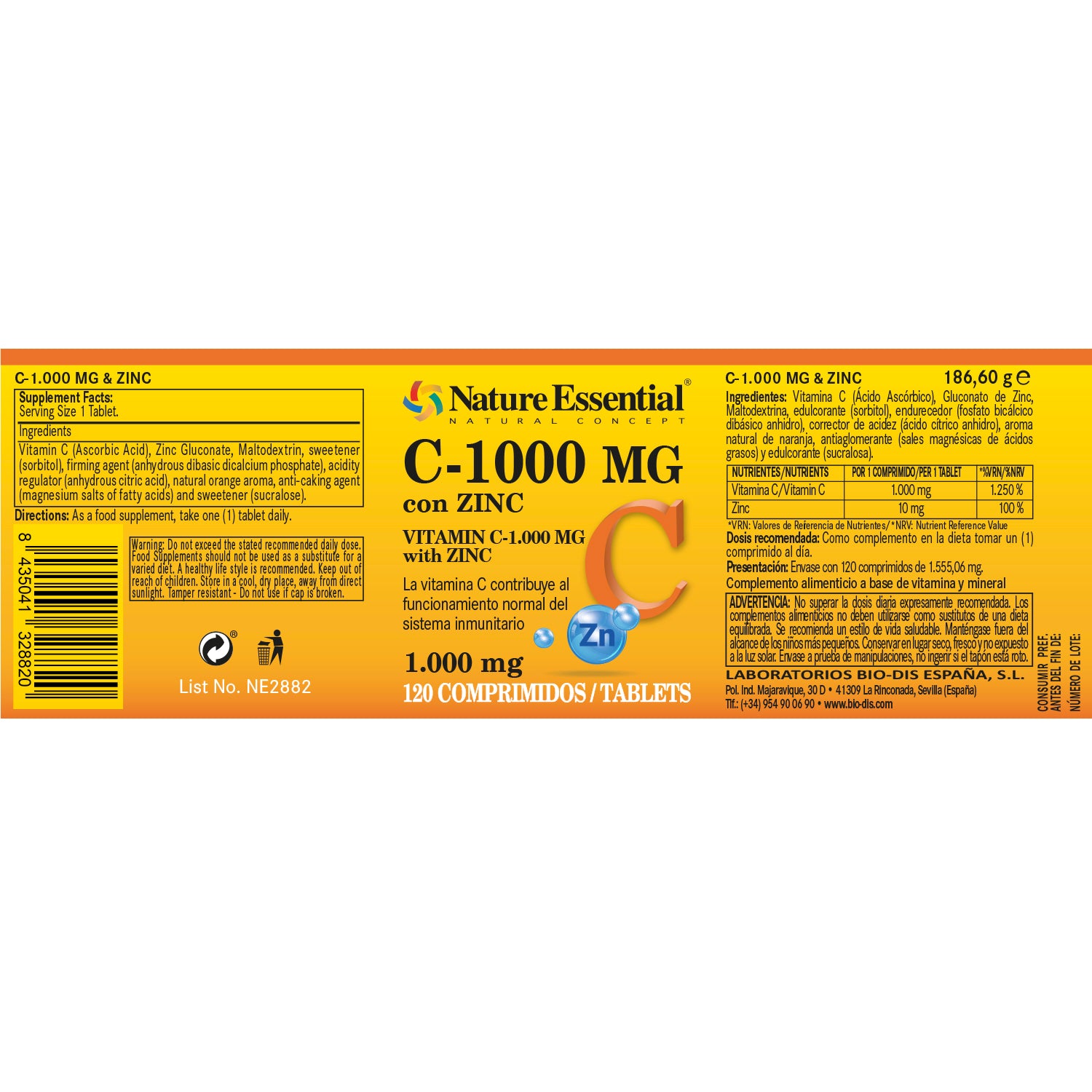 Vitamina C 1000 mg + zinc 10 mg. 60 comprimidos