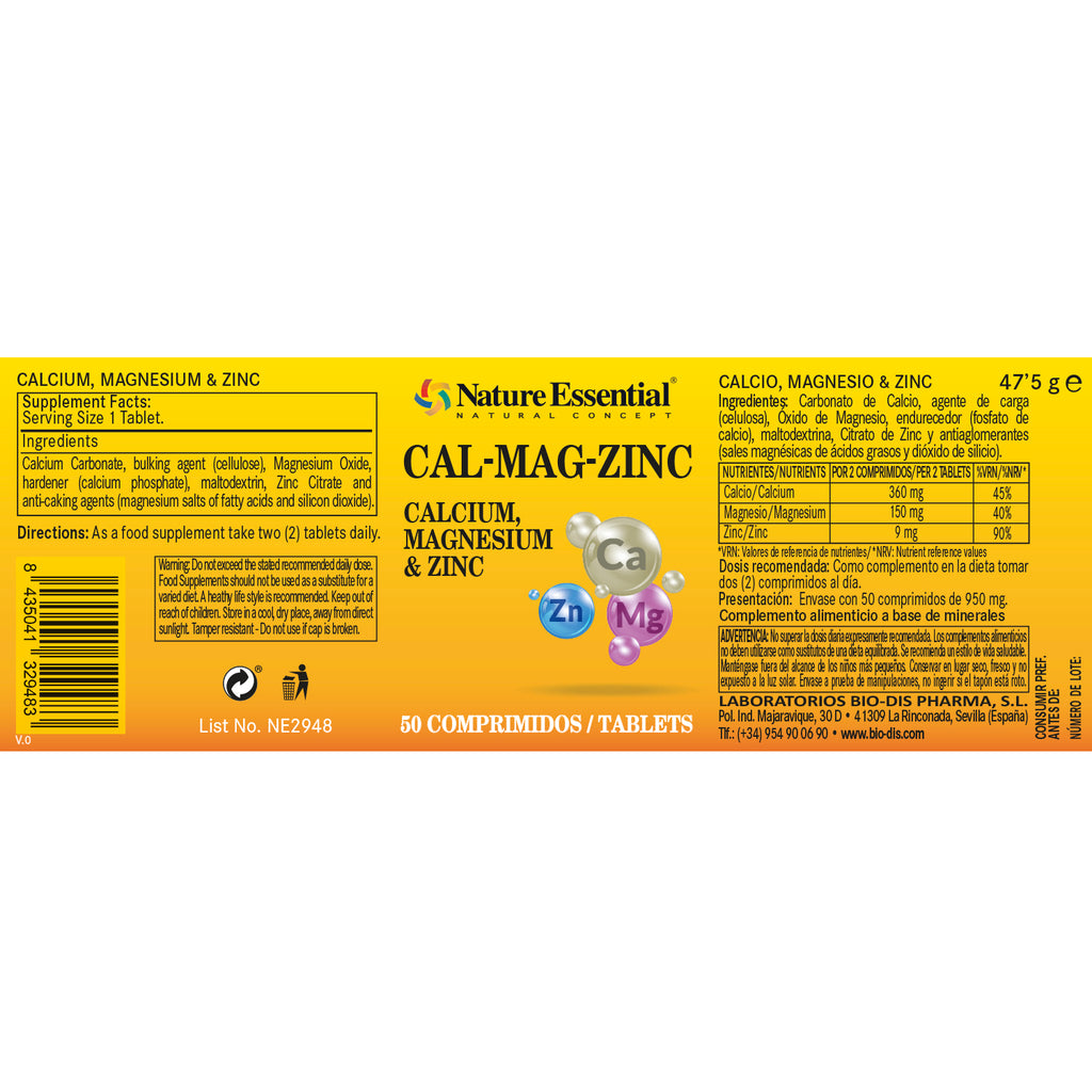 Calcio, magnesio y zinc 520 mg. 50 comprimidos