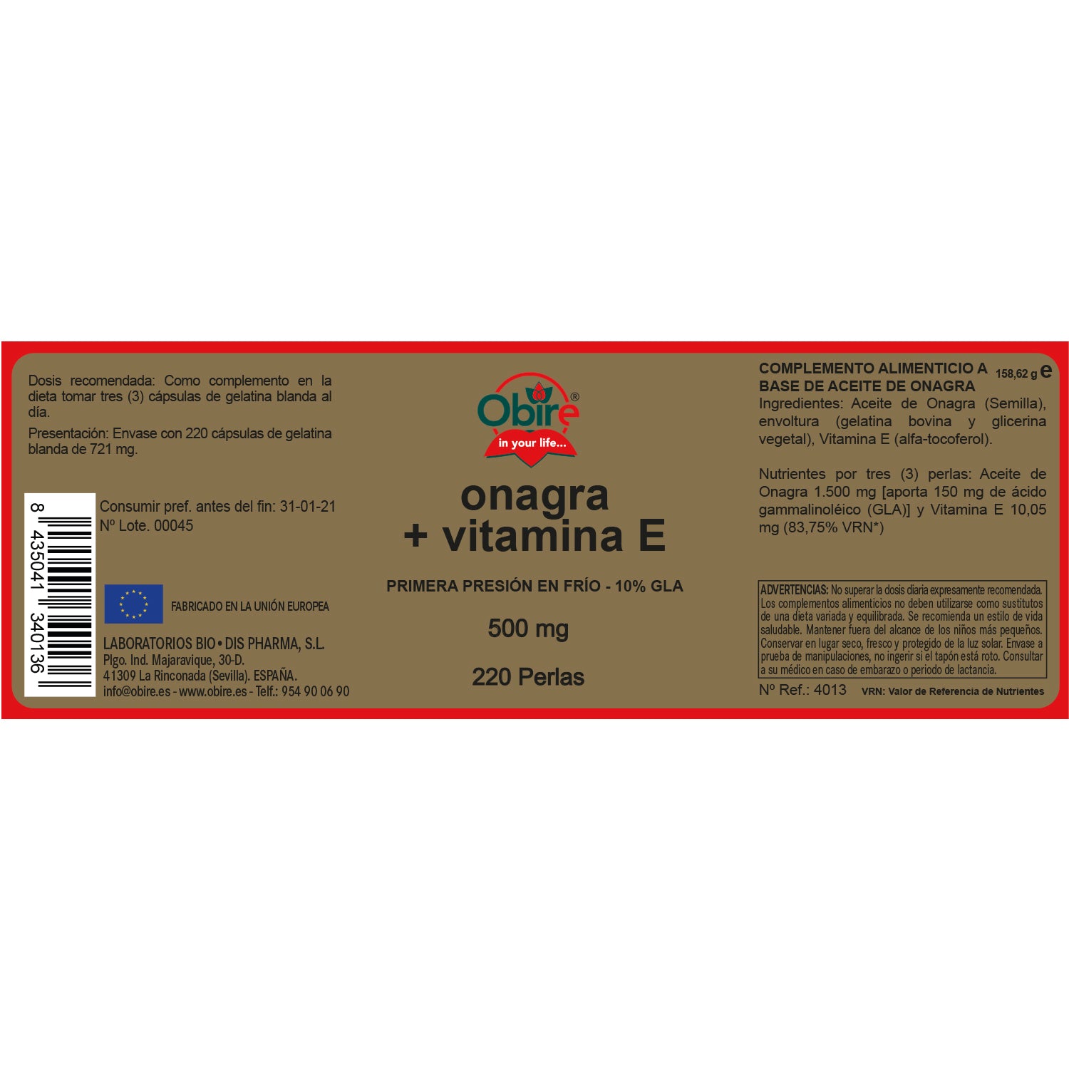 Aceite de onagra 500 mg. 220 perlas
