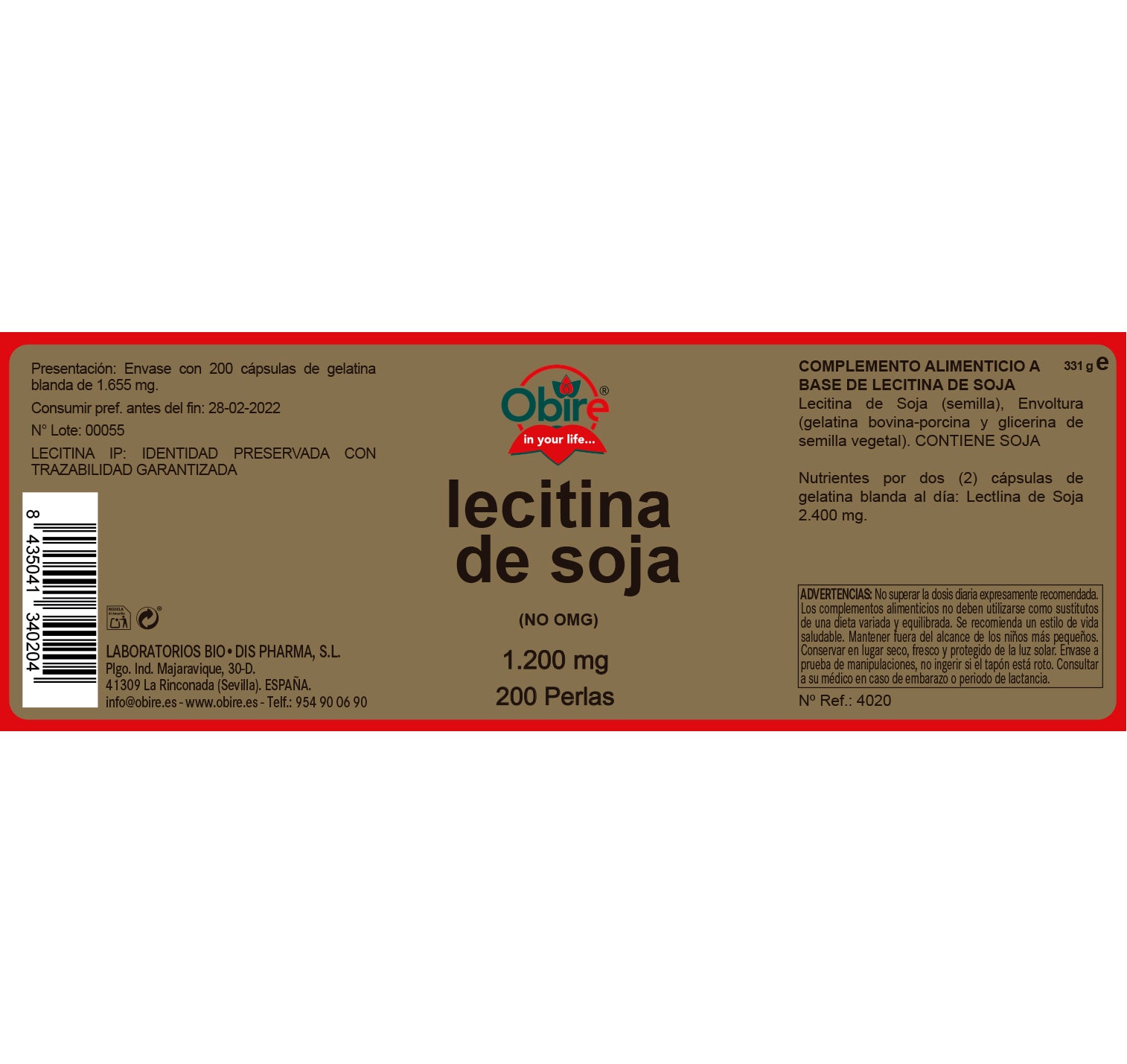 Lecitina de soja 1200 mg. 200 perlas
