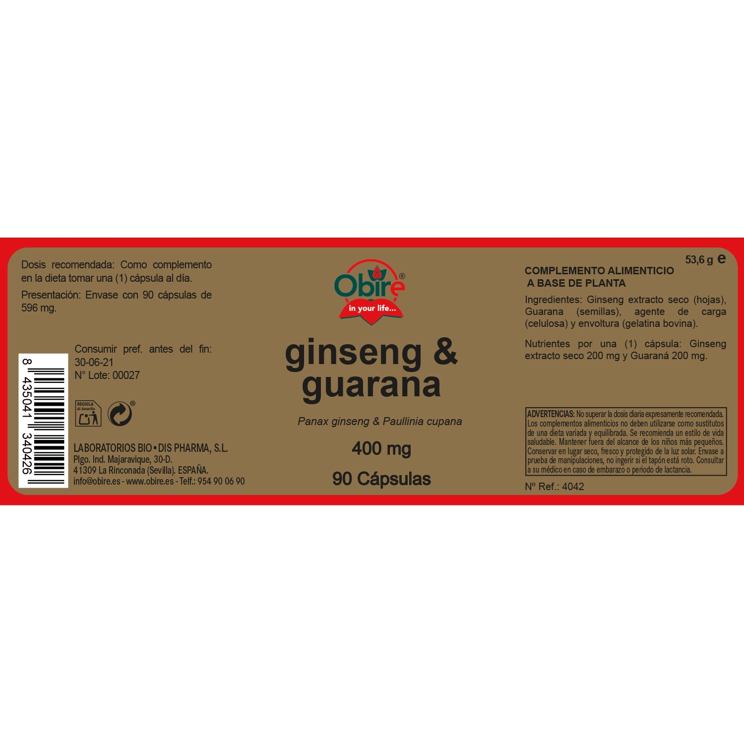 Ginseng & guaraná 400 mg. 90 cápsulas