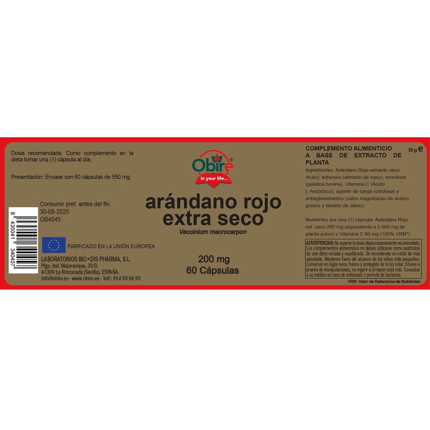 Arandano rojo 5000 mg. (Extracto seco 200 mg.) 60 cápsulas