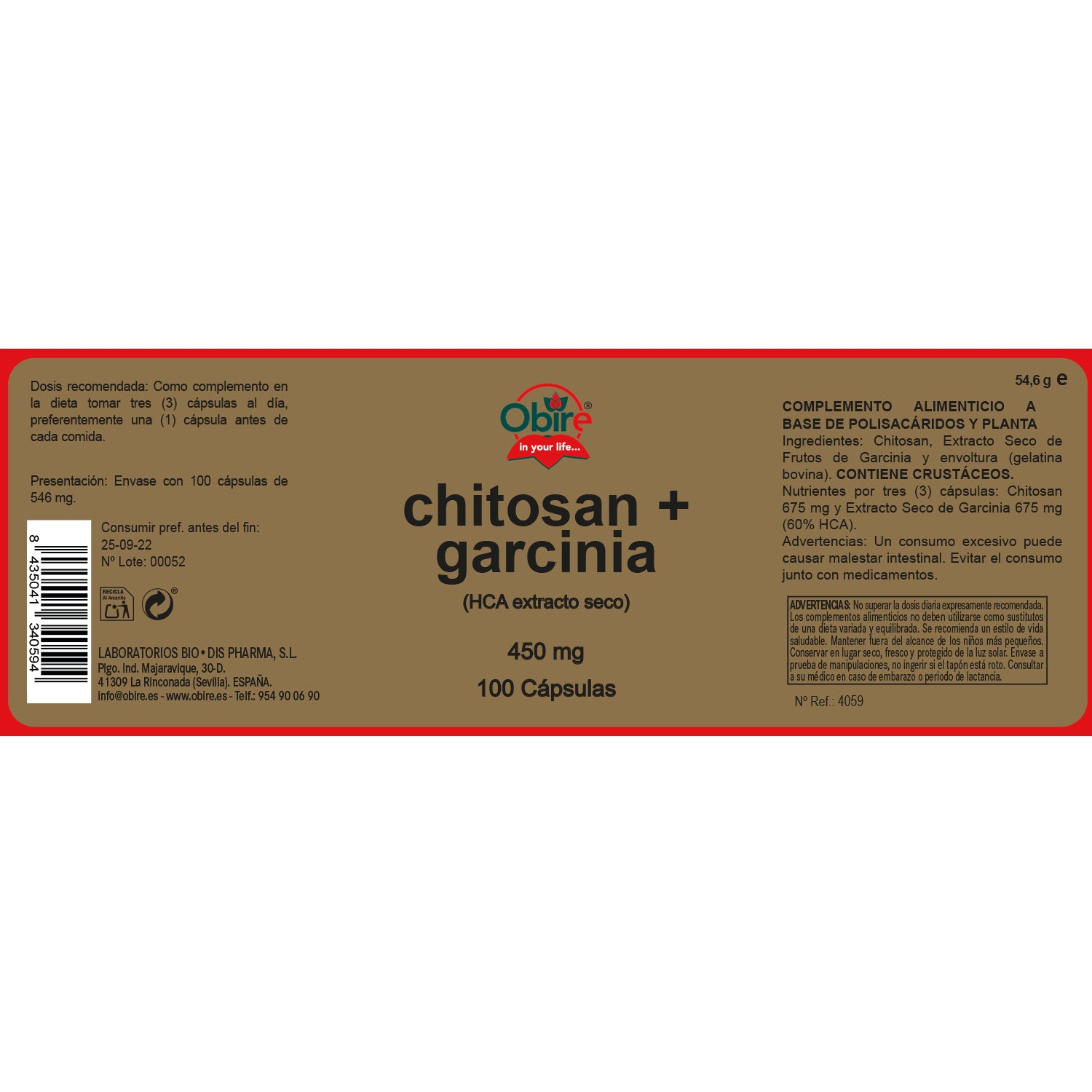 Chitosán & HCA-garcinia 450 mg. (ext. seco 60 % HCA) 100 cápsulas
