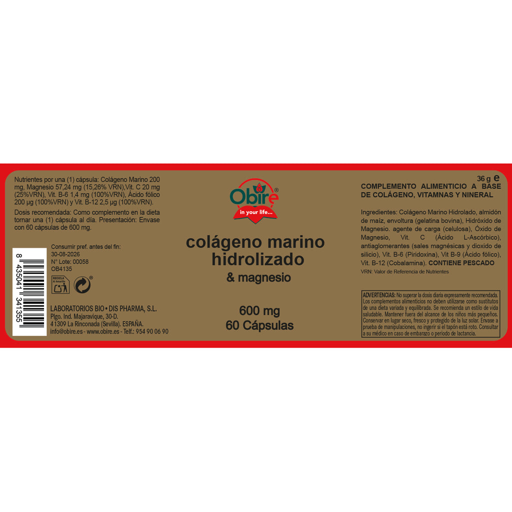 Colágeno marino + magnesio 600 mg. 60 cápsulas
