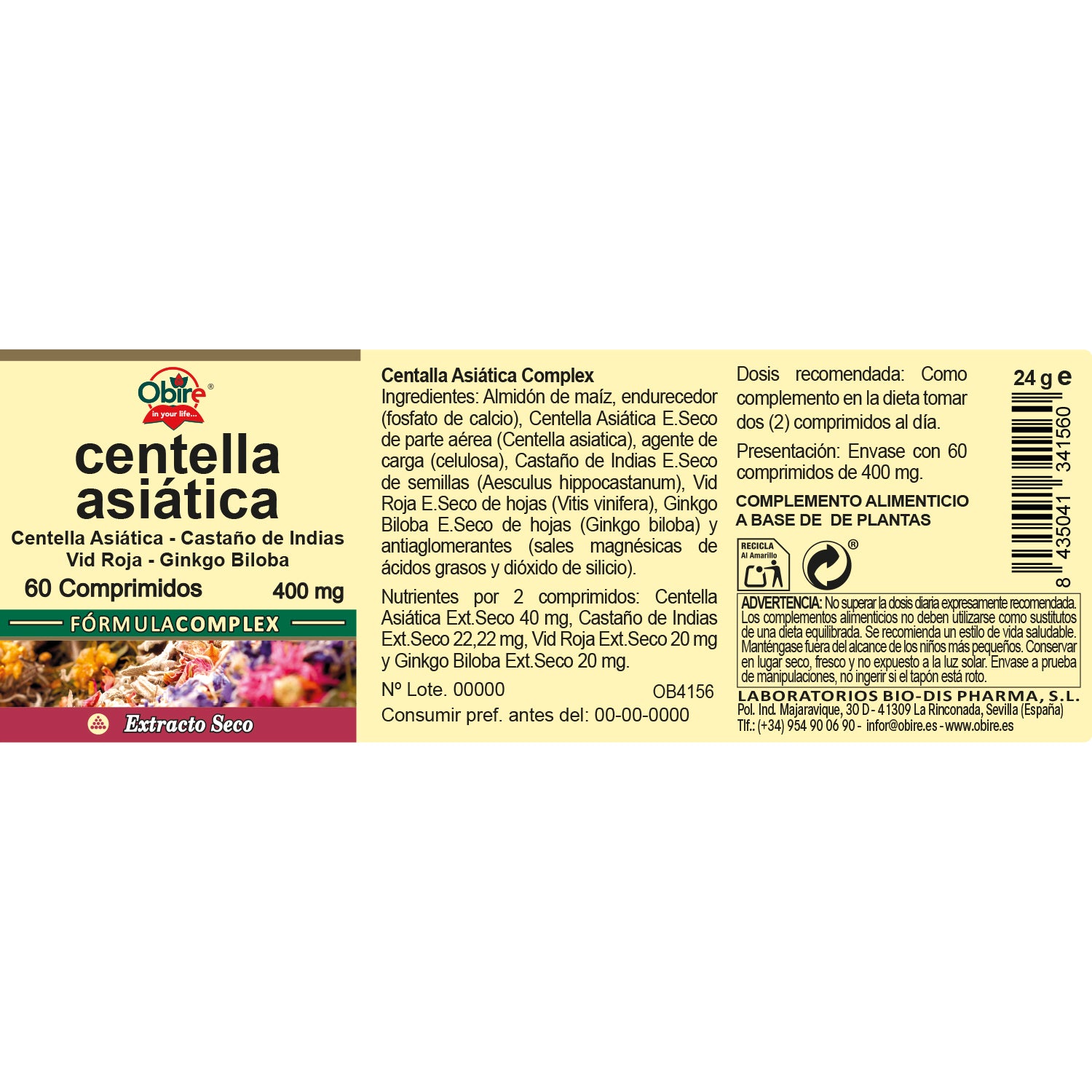 Centella asiatica (complex) 400 mg. (ext. seco) 60 comprimidos