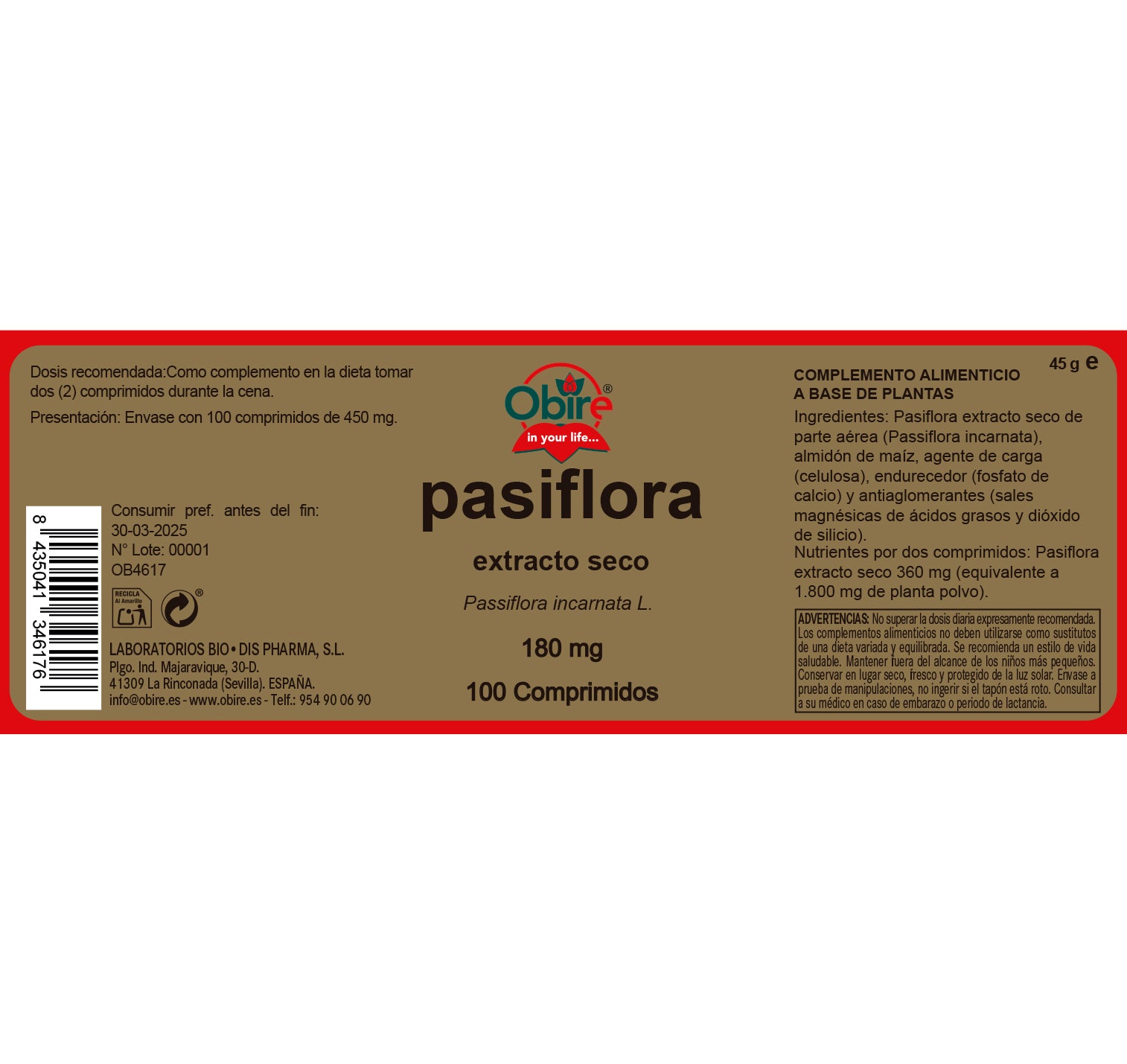 Pasiflora 180 mg. (Extracto seco) 100 comprimidos